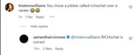 Screengrab of Samantha Irvin's comment (Source: Samantha's Instagram account)